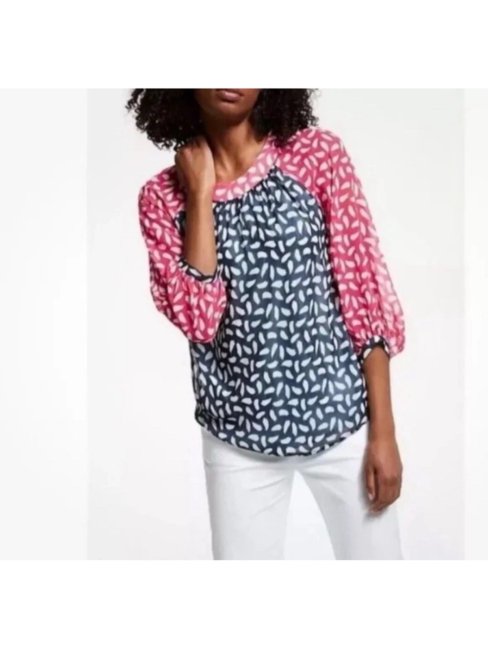 Boden Navy Patterned Bodice with Pink Printed Raglan Sleeves Top Size 18